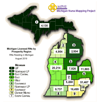 Michigan map of RNs by prosperity region in 2019